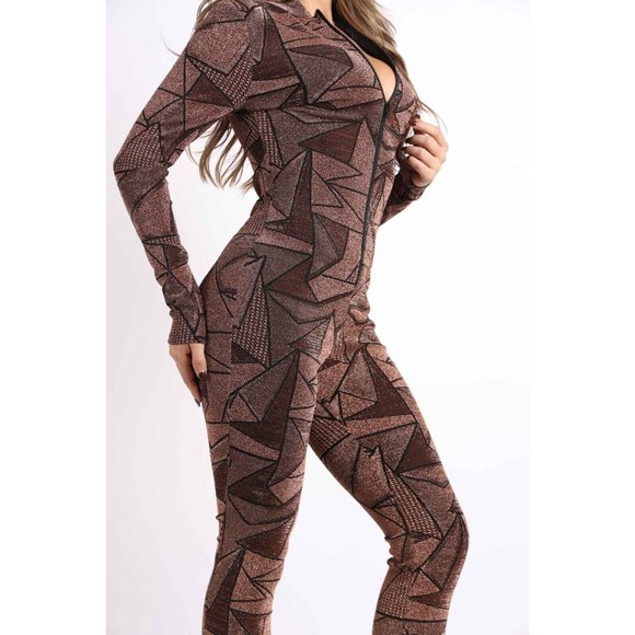 Women's Casual Long Sleeve Geo Lurex Mock Neck Front Zip Jumpsuit Outfit Daily - Picture 3 of 7